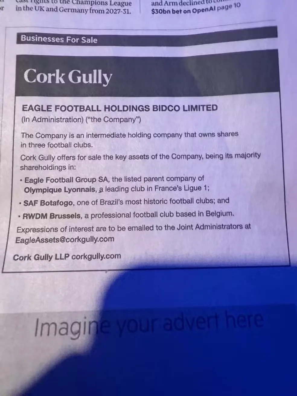 Administradora coloca SAF do Botafogo à venda em anúncio de jornal